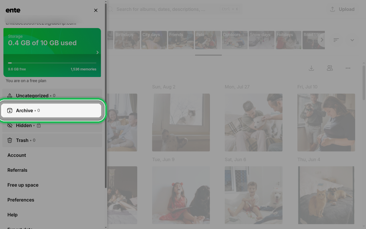 Archive item in the sidebar menu on Ente Photos web
