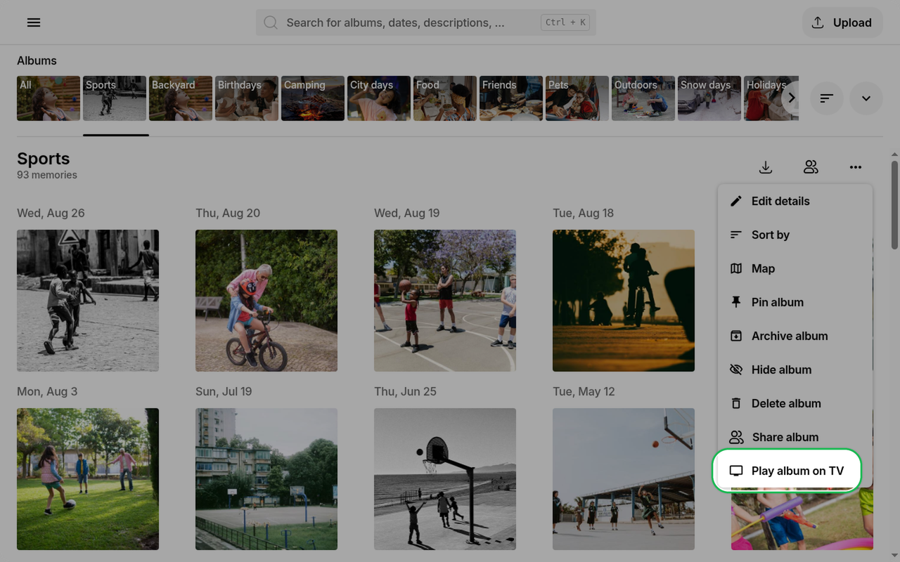 Play album on TV highlighted in the album overflow menu on Ente Photos web