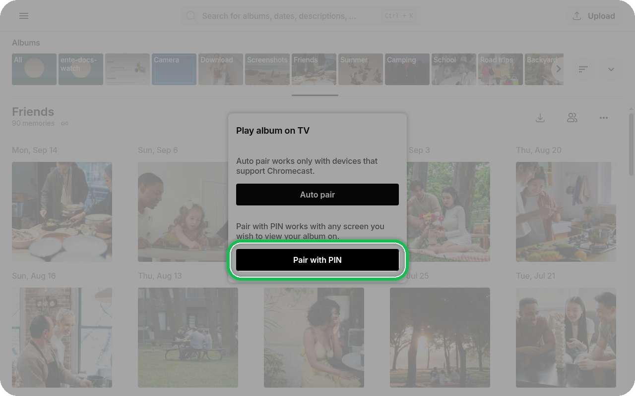 Pair with PIN highlighted on the Cast pairing options on Ente Photos web