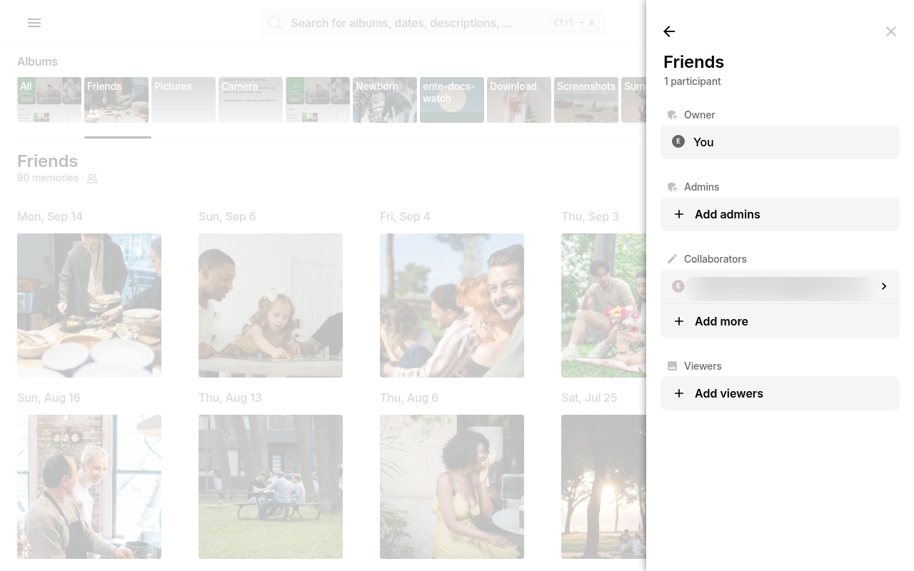 Owner, collaborators, and viewers breakdown for a shared album on Ente Photos web