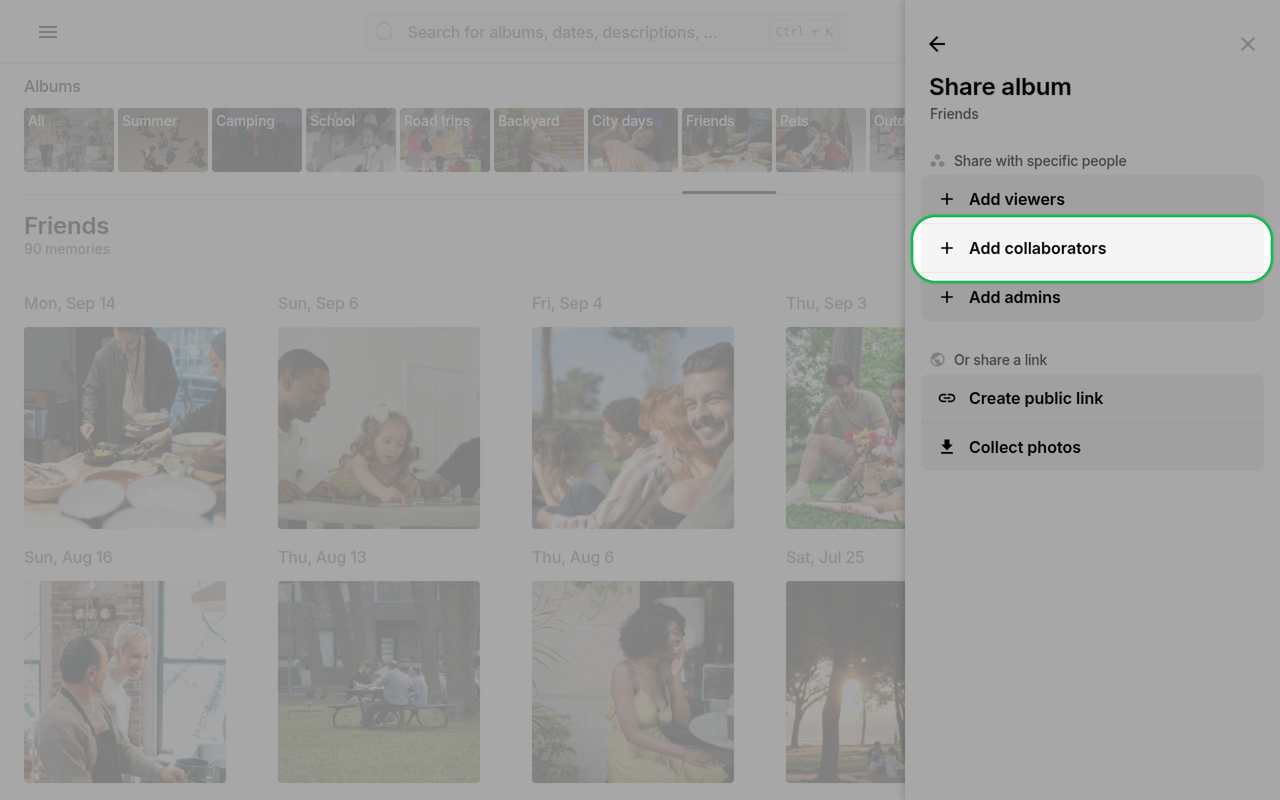 Collaborator role highlighted in the share panel on Ente Photos web