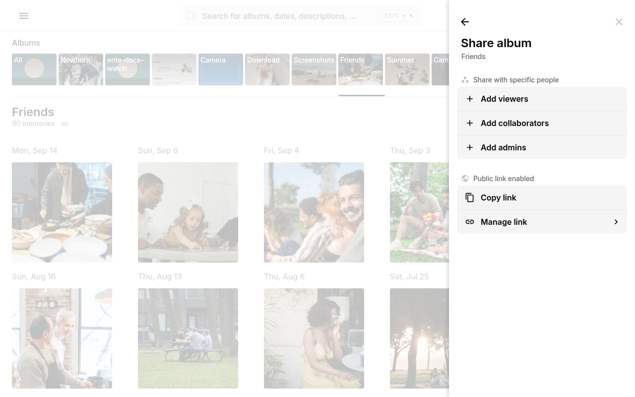 Share with Ente users in the share panel on Ente Photos web