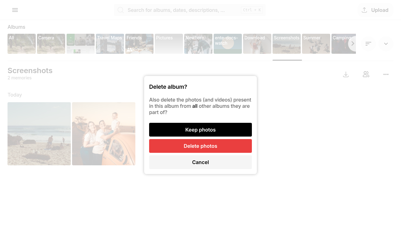 Delete album confirmation dialog on Ente Photos web with Keep photos Delete photos and Cancel