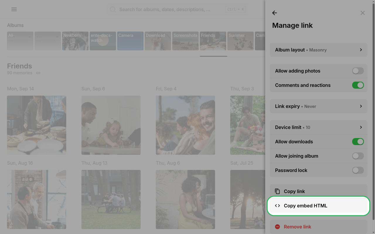 Copy embed HTML highlighted in the manage link panel on Ente Photos web