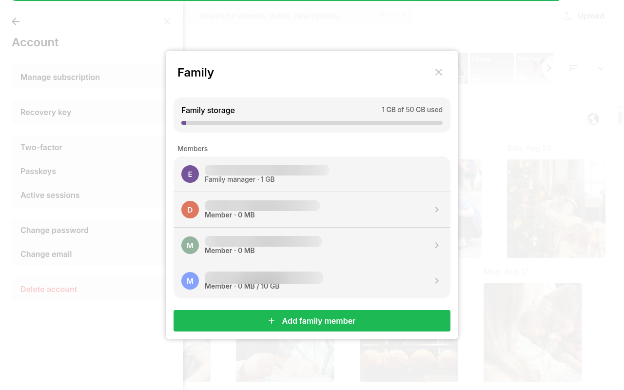 Family admin dashboard on Ente Photos web listing frosted member emails for the admin plus Dad Maya and Mom (10 GB limit) with shared storage