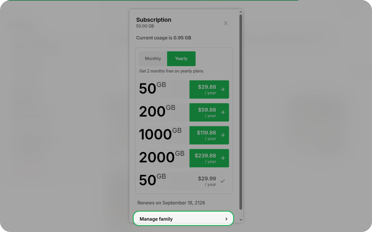 Manage family highlighted in Subscription on Ente Photos web for a paid Family plan
