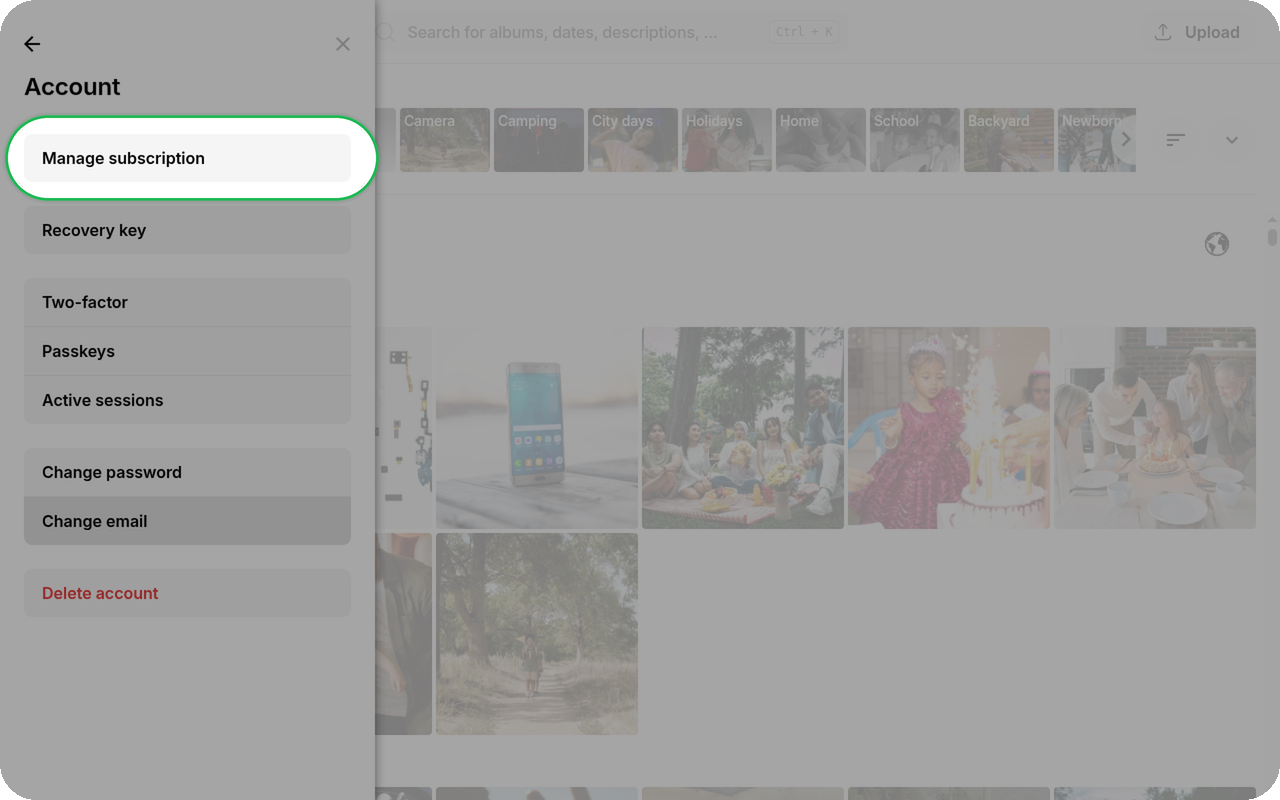 Manage subscription highlighted in Account settings on Ente Photos web