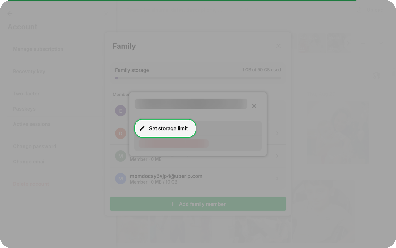 Set storage limit highlighted on Mom member sheet with frosted email on Ente Photos web Family admin
