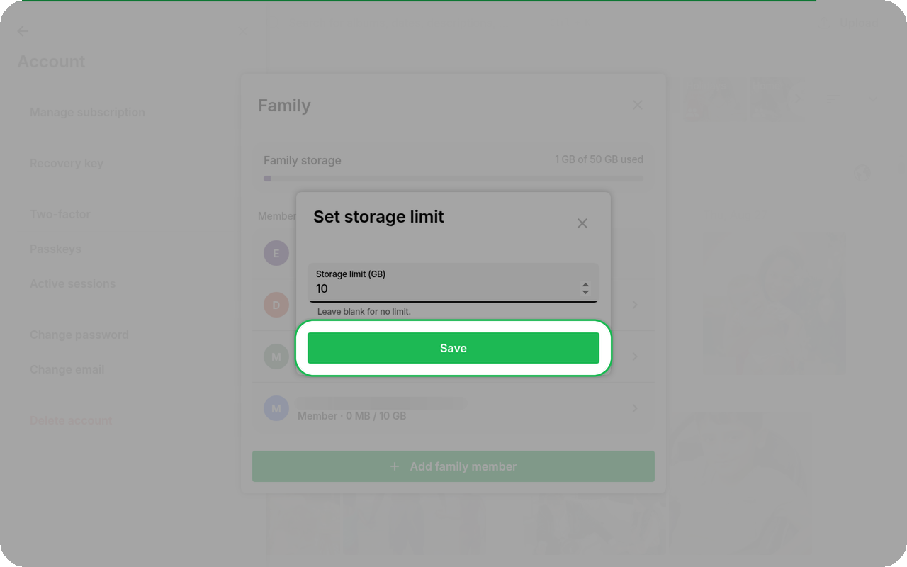 Set storage limit dialog set to 10 GB with Save highlighted on Ente Photos web; frosted Mom member email visible behind