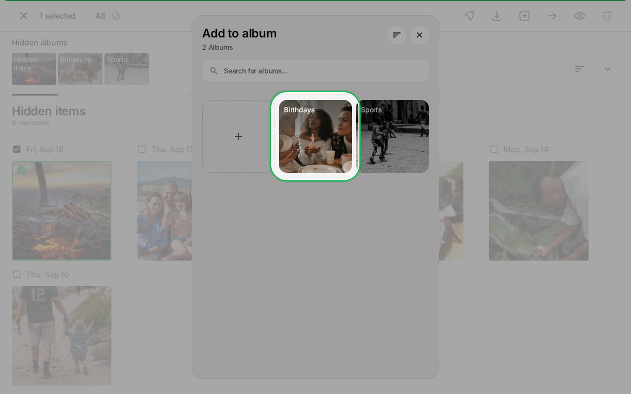 Add to album dialog on Ente Photos web with the Birthdays hidden album destination highlighted
