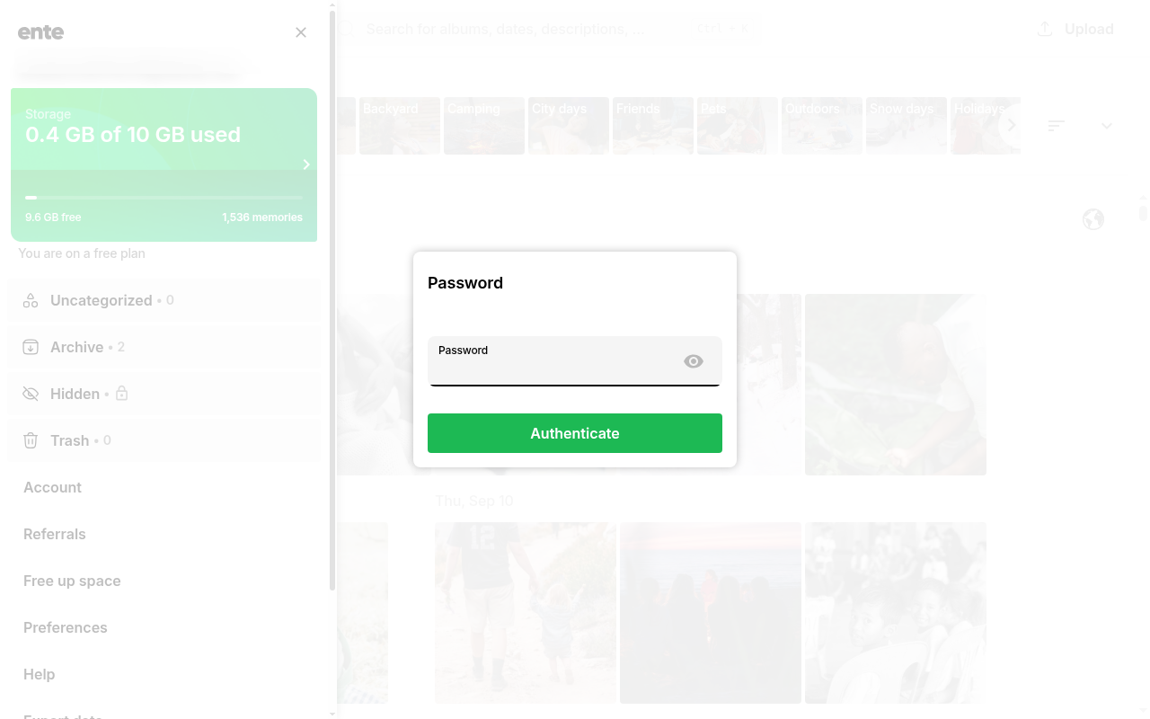 Password authentication dialog for Hidden on Ente Photos web