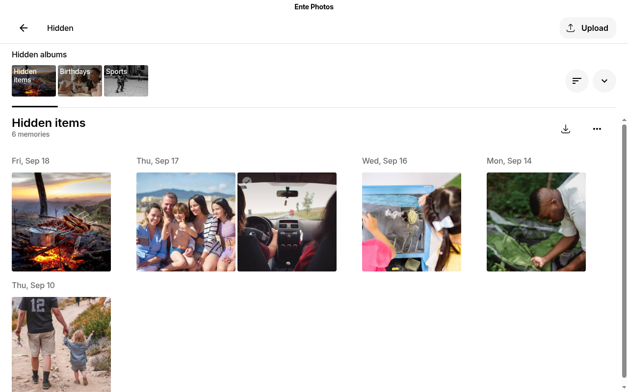 Hidden items gallery with real photos on Ente Photos web