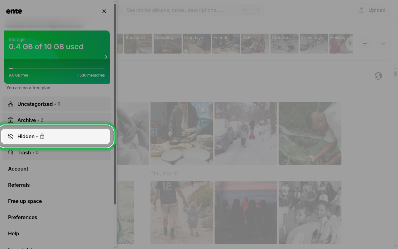 Hidden item in the sidebar menu on Ente Photos web