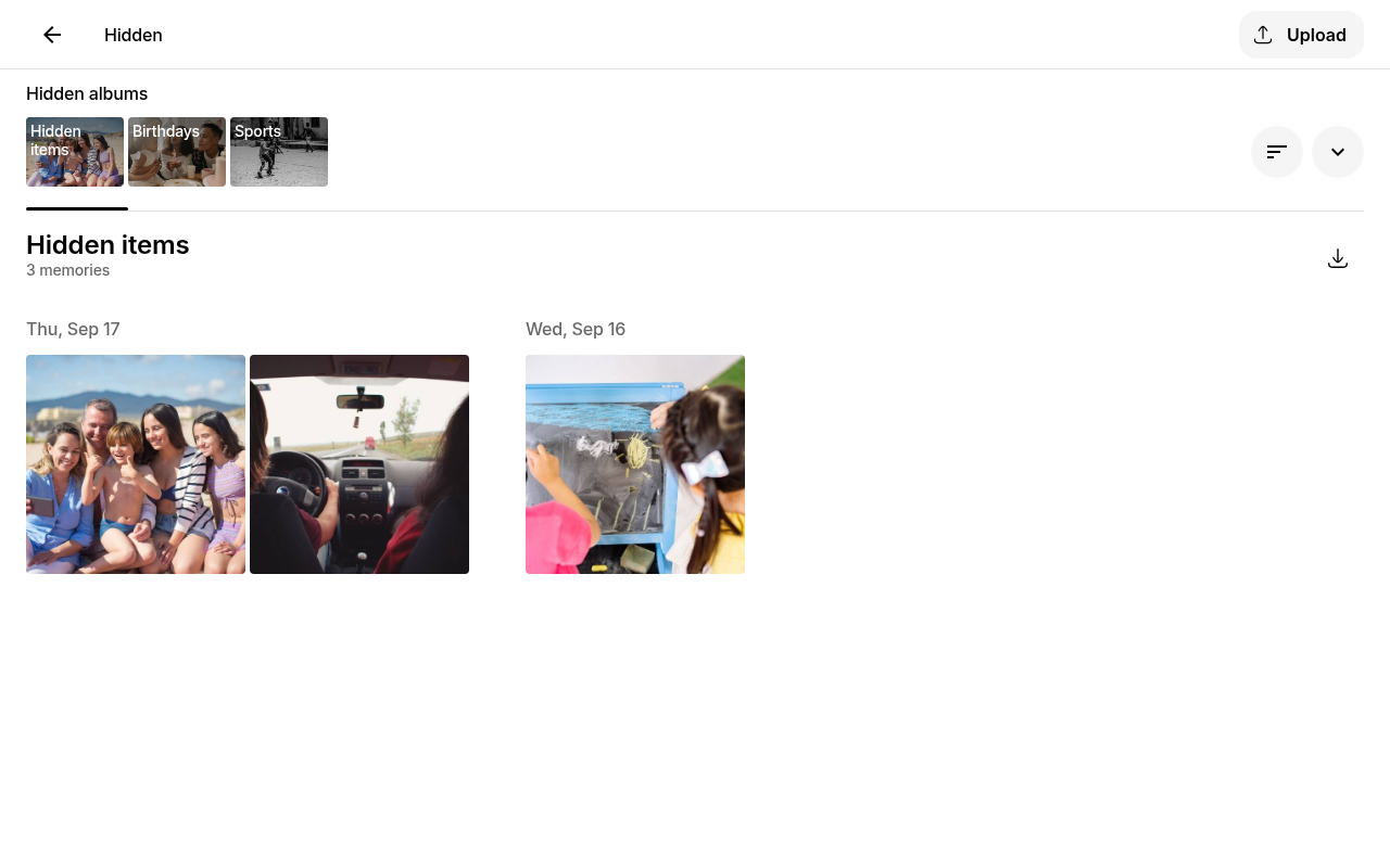 Hidden view showing hidden albums and photos on Ente Photos web