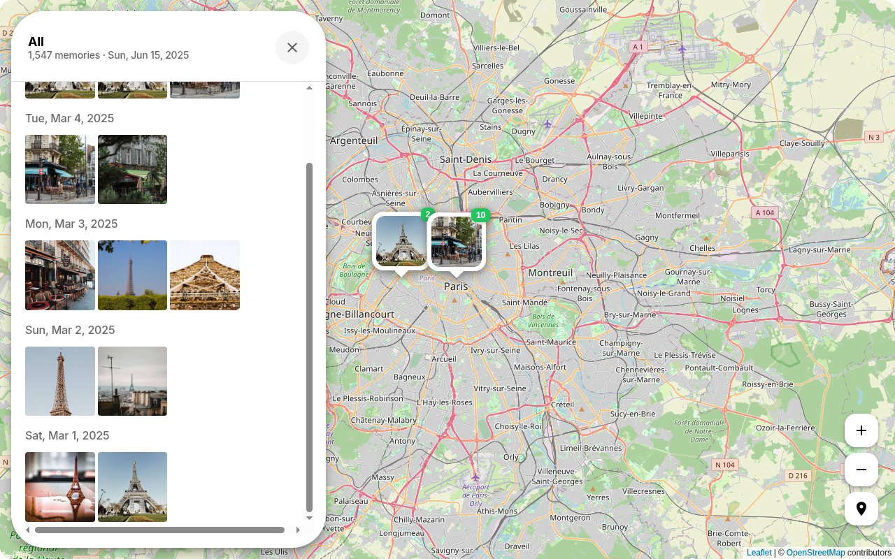 Map view zoomed into a city cluster with photo list on Ente Photos web