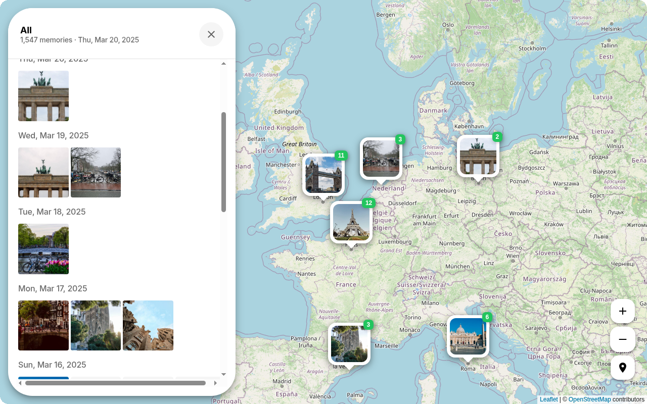 Map view with location pins for photos on Ente Photos web