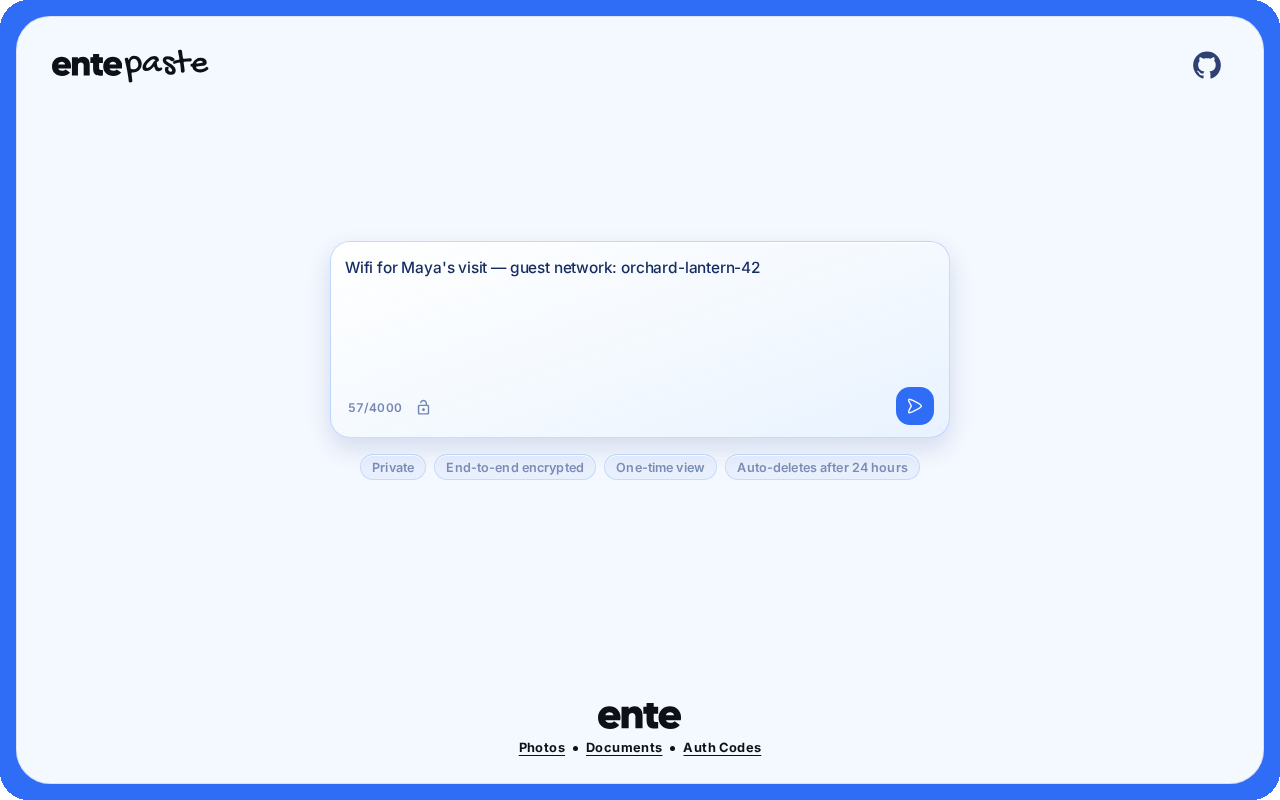 Populated create form on Ente Paste web with guest wifi note typed and send control ready