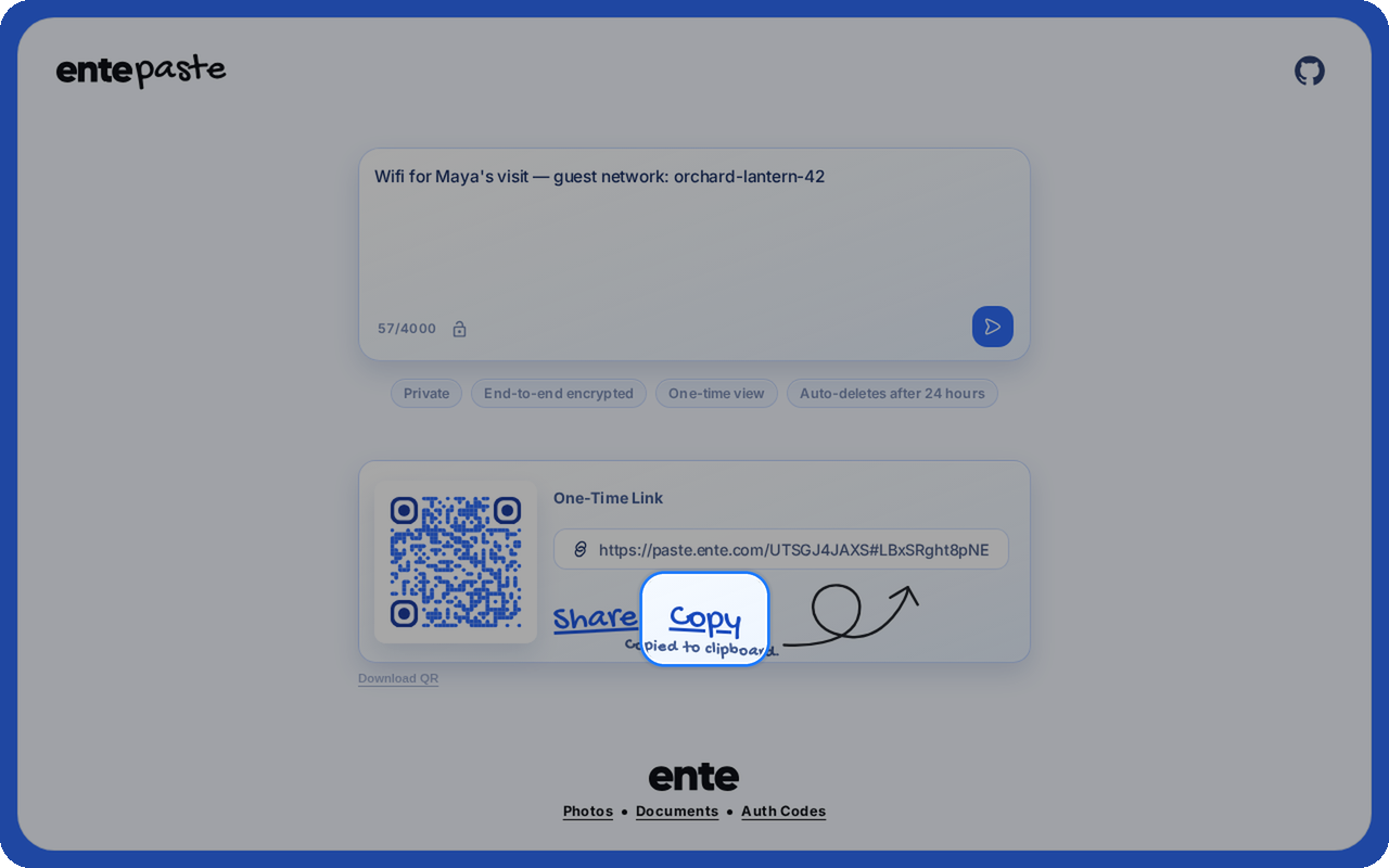 One-time link card on Ente Paste web with Copy highlighted after copying the link
