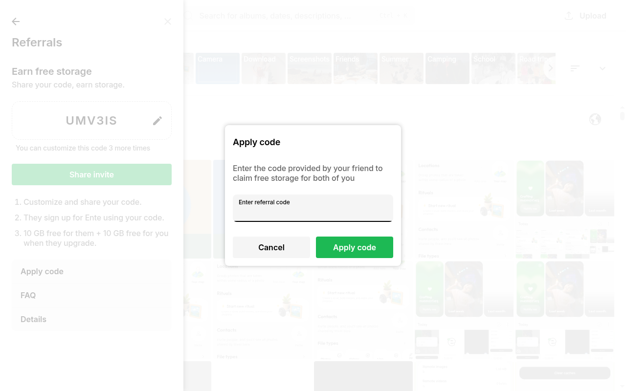 Apply code dialog on the Referrals screen in Ente Photos web