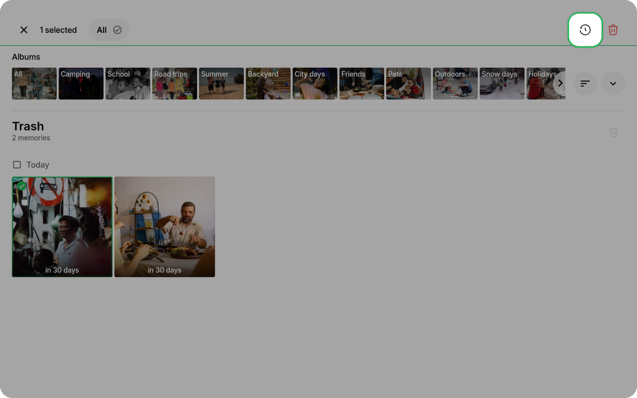 Restore action highlighted in the header on Ente Photos web