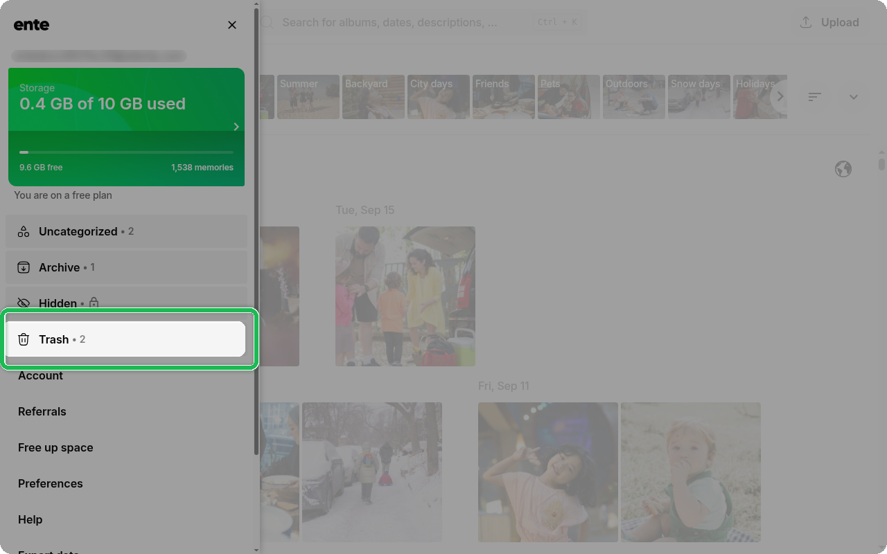 Trash item in the sidebar menu on Ente Photos web