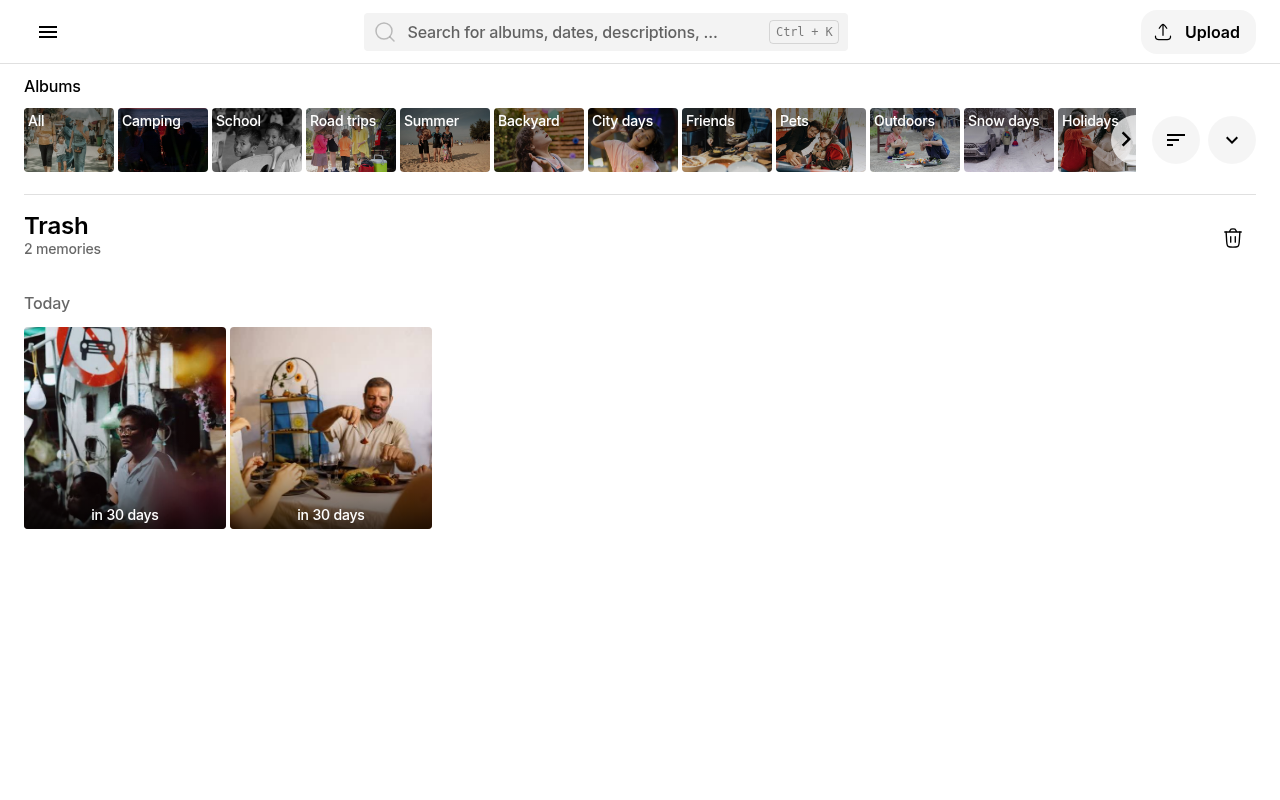 Trash view showing deleted photos on Ente Photos web