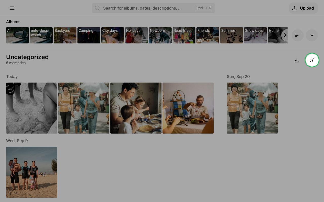 Clean Uncategorized control highlighted on Ente Photos web